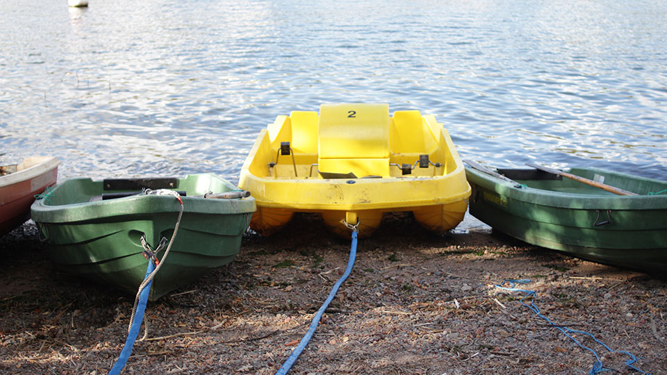 Two green rowboats and a yellow pedal boat pulled up on a sandy shore beside calm water