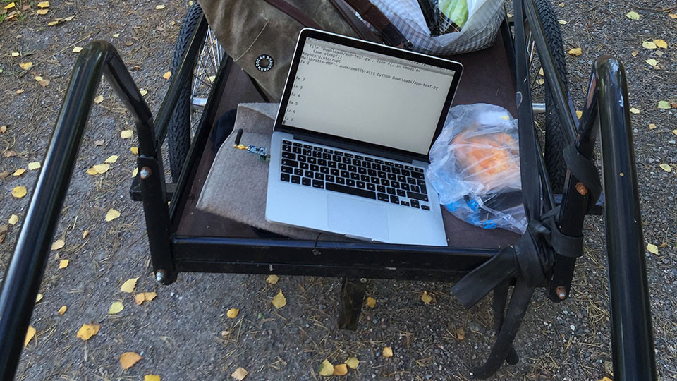 Laptop running a Python script balanced on the seat of a parked bicycle trailer, with autumn leaves on the ground