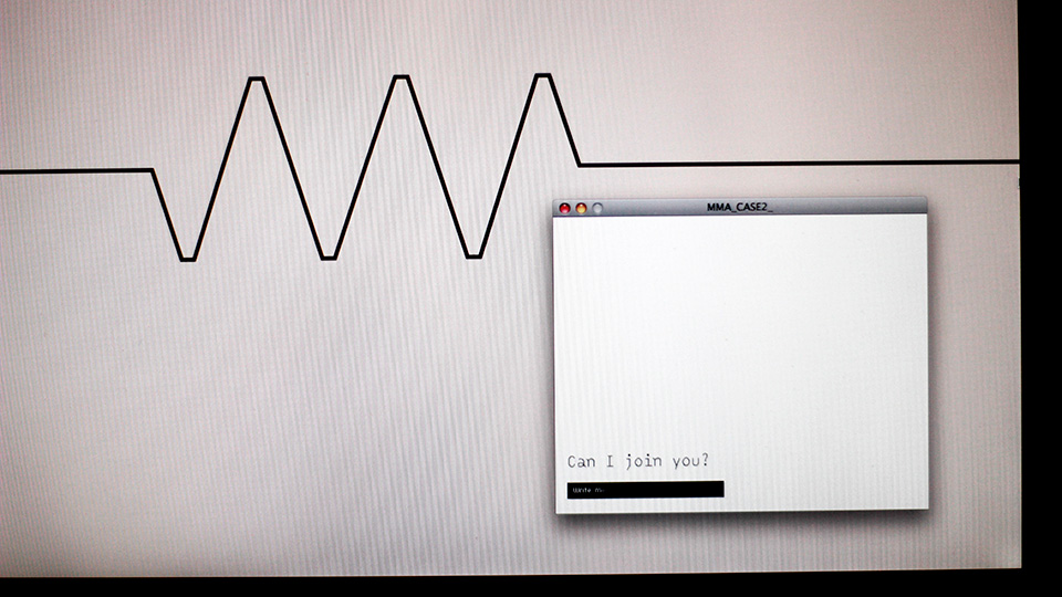 Wall drawing of a jagged signal line with a Mac window overlaid reading 'Can I join you?'